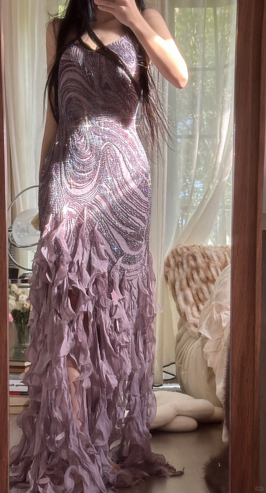 Vintage Purple Sparkling Strapless Design Elegant Chiffon Evening Dress Prom Dresses DP5996