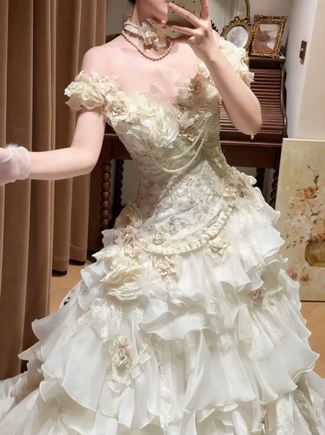 Vintage Off-Shoulder Layered Ruffles Lace & Pearl for Timeless Elegance Wedding Dress DP7252