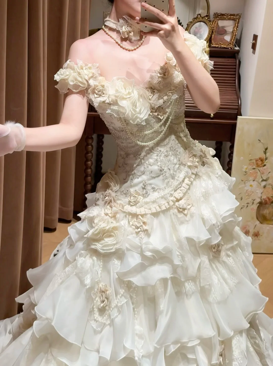 Vintage Off-Shoulder Layered Ruffles Lace & Pearl for Timeless Elegance Wedding Dress DP7252