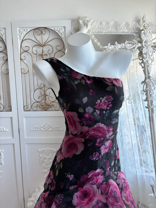 Vintage Floral Print One-Shoulder Tiered Chiffon Evening Gown DP8292