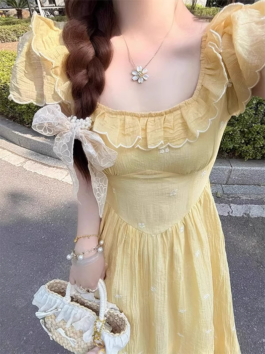 Vintage Faint Yellow A-Line Prom Dress Floral Short-sleeve Evening Dress Chiffon Long Formal Dress DP6704