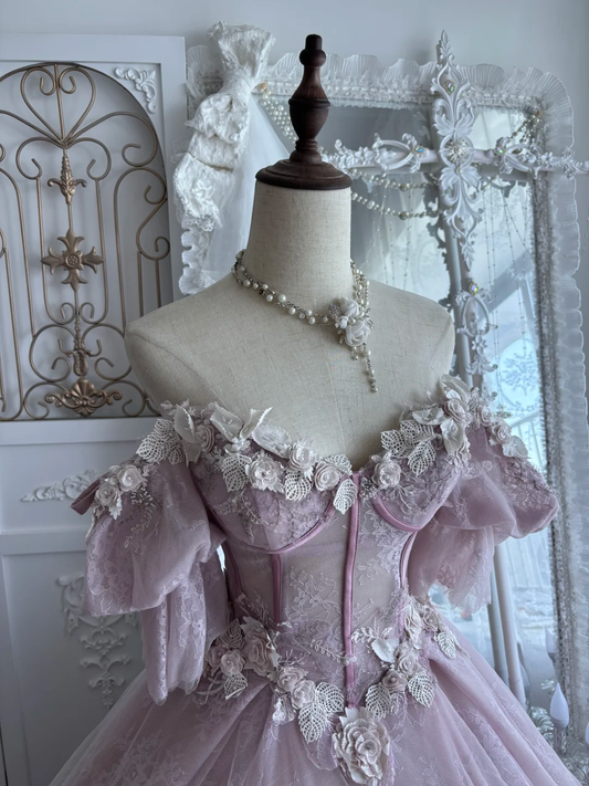 Enchanted Dusty Pink Lace Puff Sleeves Princess Ball Gown DP8301
