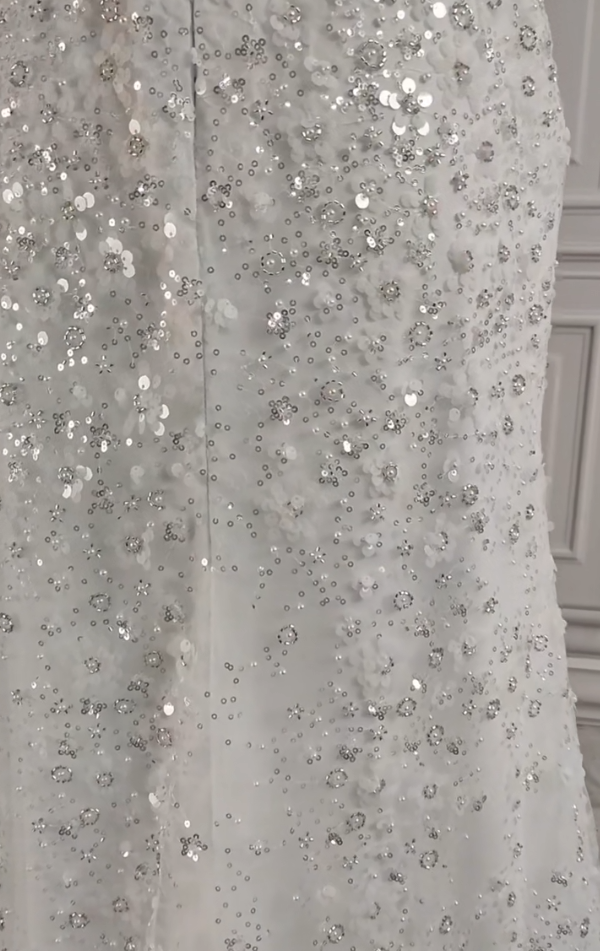 Wunderschönes weißes glitzerndes Pailletten-Perlen-Herzstück-A-Linie-langes Ballkleid Partykleid Abendkleid DP6496