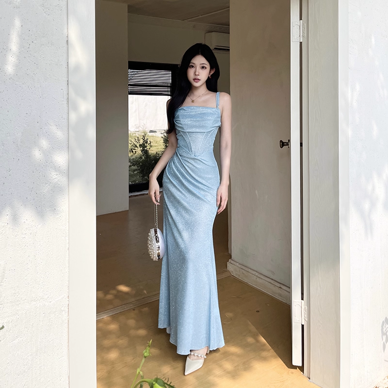Vintage Glänzendes Hellblaues Spaghettiträger Meerjungfrau Langes Sommerkleid Ballkleid Abendkleid DP6398