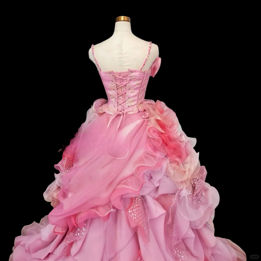 Glamorous Pink Ombre Tulle 3D Floral Applique Bow Fairycore Inspired Sweet 16 Quinceanera Ball Gown DP7272