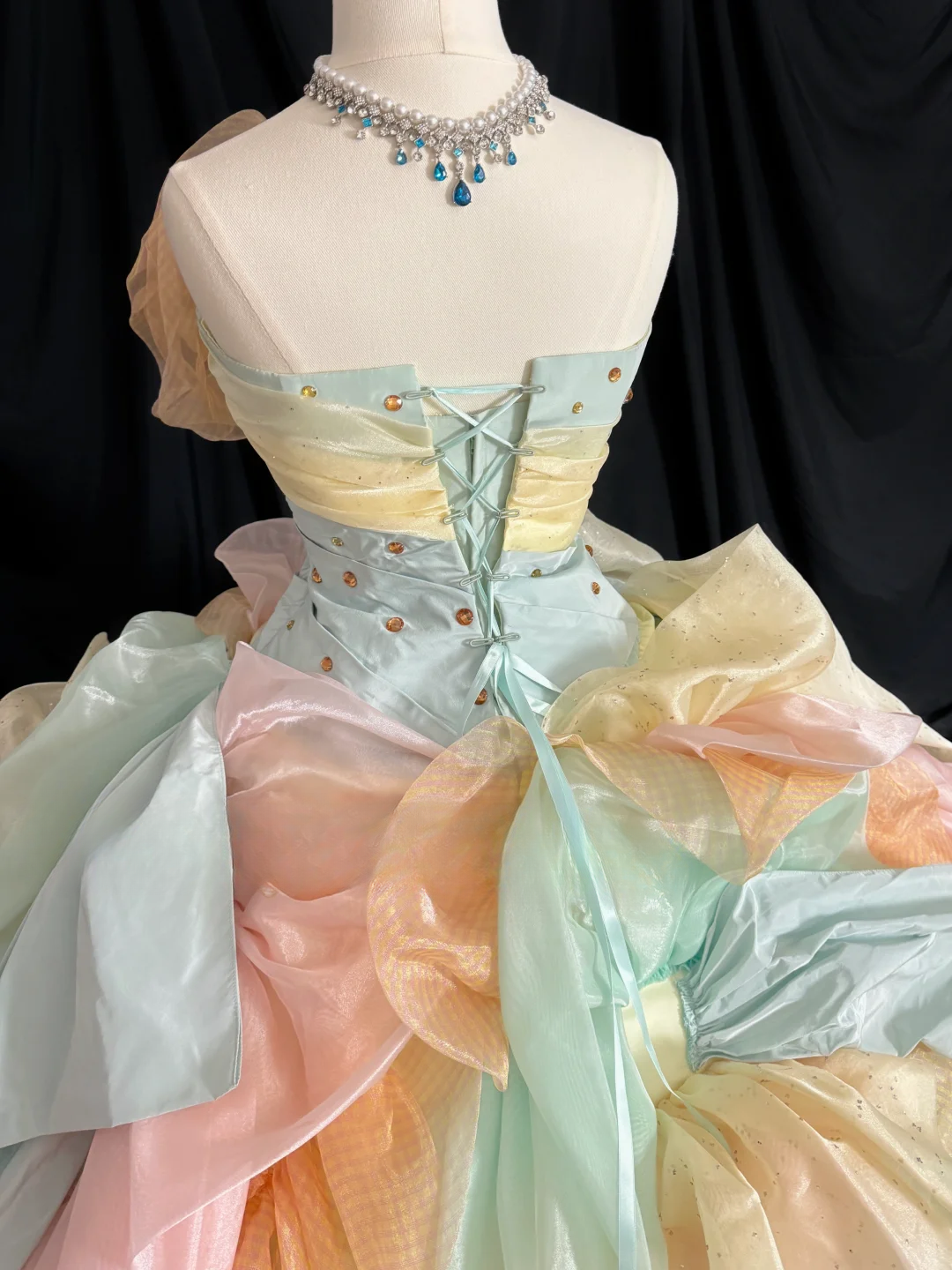 Unique Pastel Rainbow Strapless 3D Floral Applique Ruffled Layers Sweet 16 Quinceanera Ball Gown DP7273
