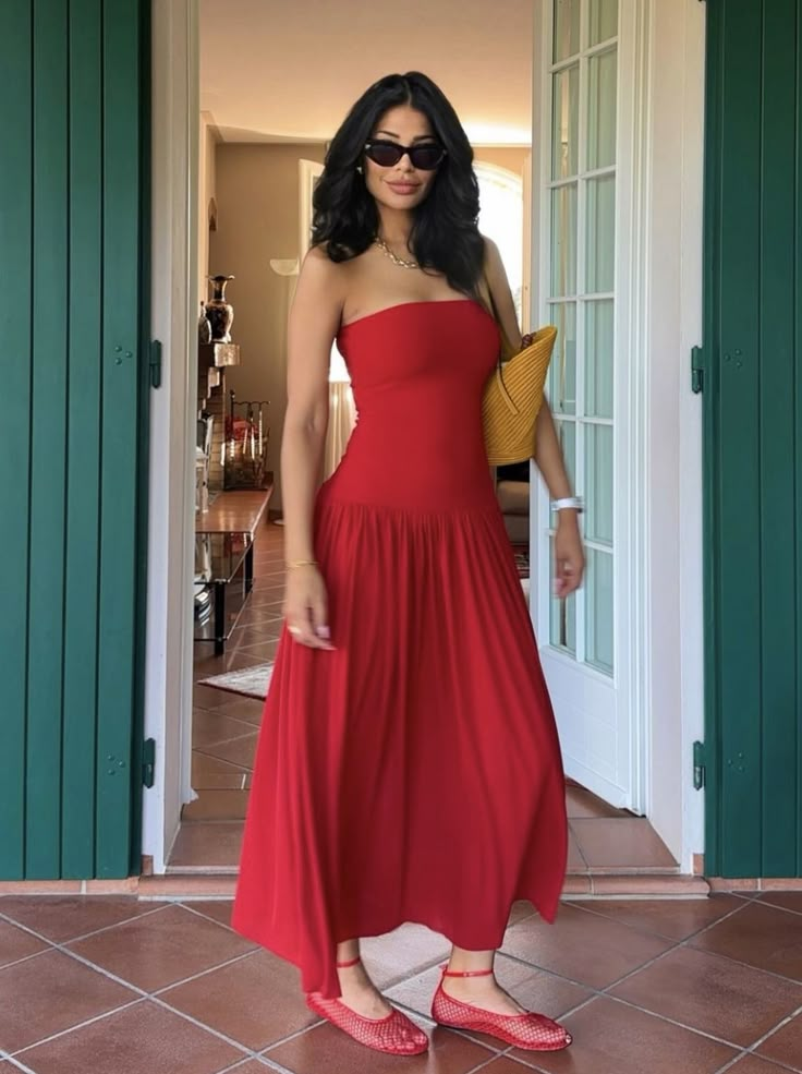 Charming Red Strapless A-Line Long Party Dress Wedding Guest Dress, DP3787