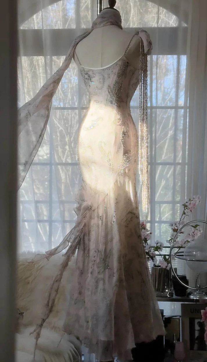 Light Sage Straps Mermaid Beading Chiffon Long Party Dress Birthday Dress, DP4972