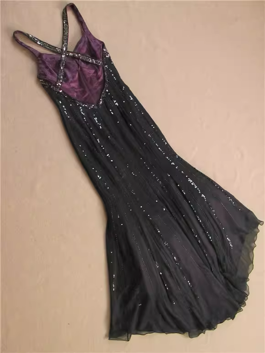 Glamorous Black & Purple Sequin Midi Evening Gown Ruffled Prom Dress DP7616