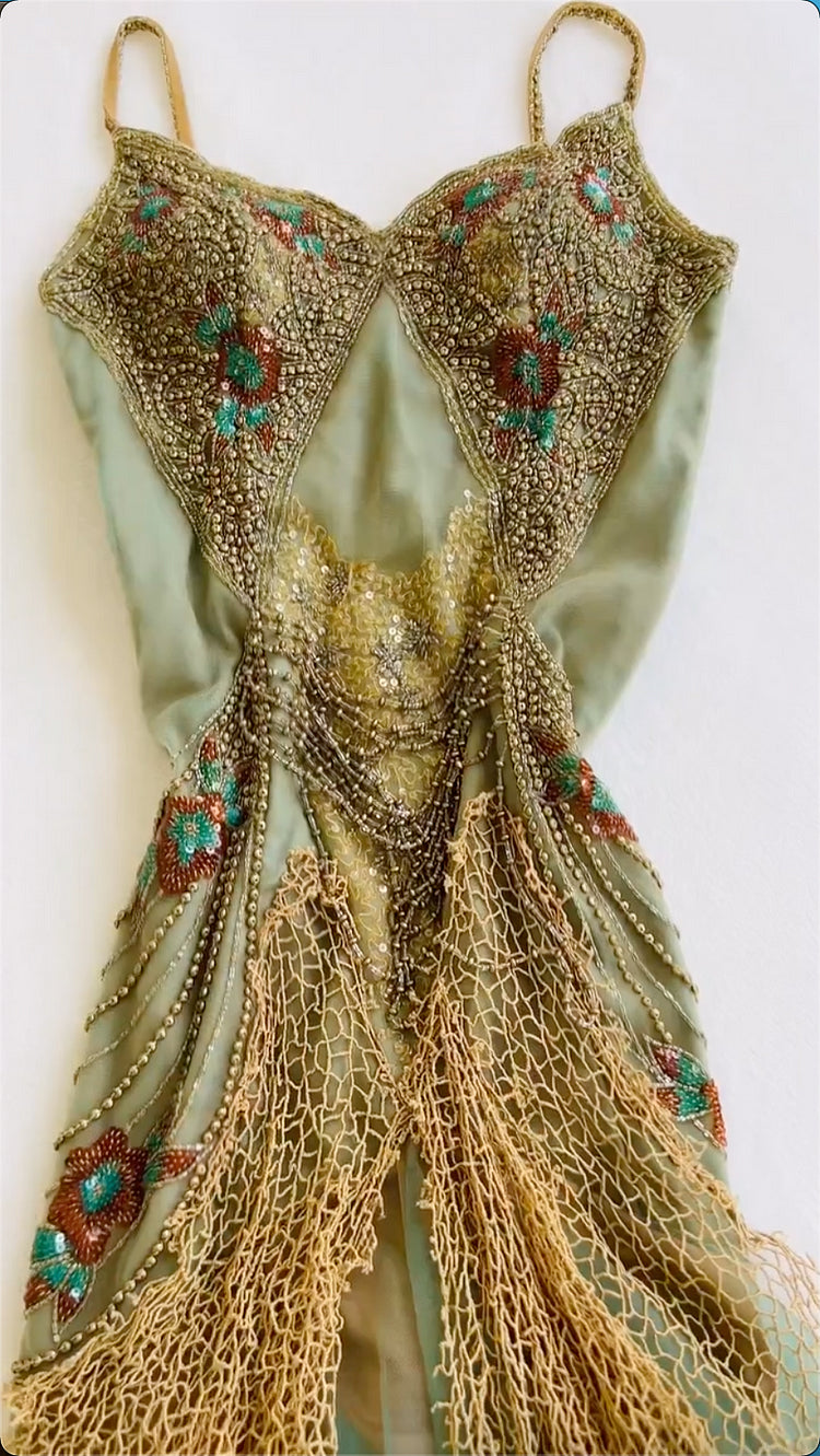 Robe de bal vintage verte en mousseline de soie brodée de perles, coupe trapèze, bretelles spaghetti, robe de soirée longue, robe formelle DP6669
