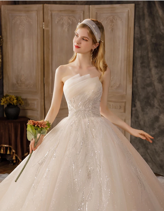 Romantic Strapless Pleated Sparkly Beaded Sequins Glitter Tulle A-Line Wedding Dress DP8848