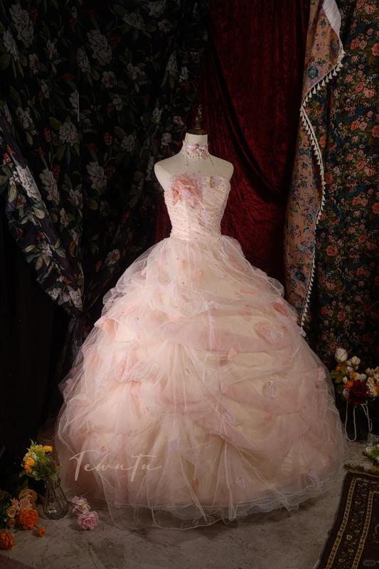Gorgeous Pink Beaded Strapless Layered Tulle Ruffle 3D Floral Sweet 16 Quinceanera Ball Gown DP7415