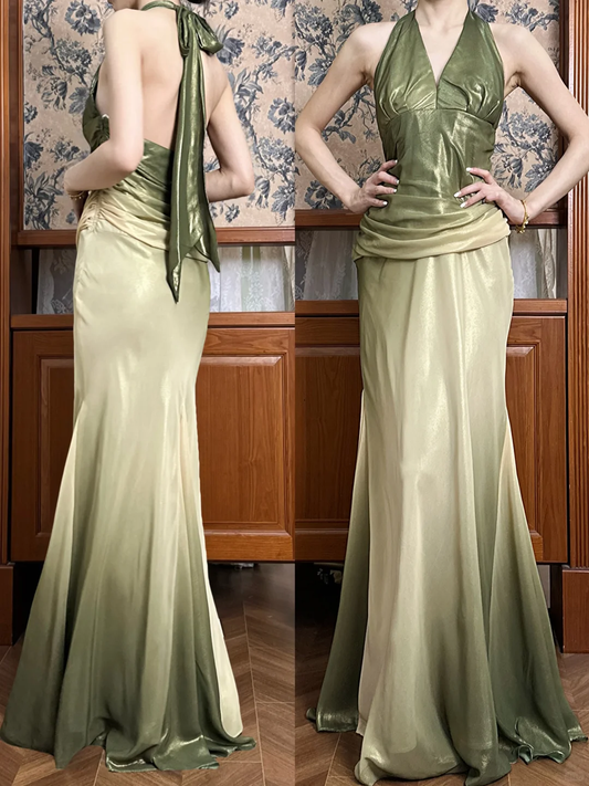 Ethereal Olive Green Ombre Satin Evening Gown Halter Neck Mermaid Prom Dress DP7950