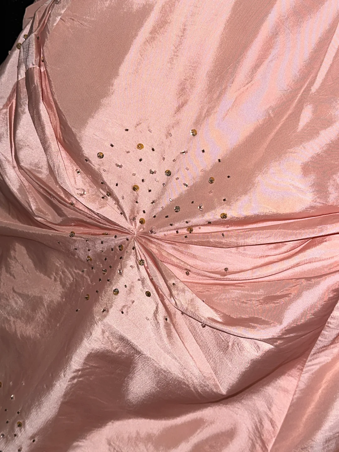 Romantic Blush Satin Sweetheart Ruffled Strapless Beaded Evening Gown DP7297