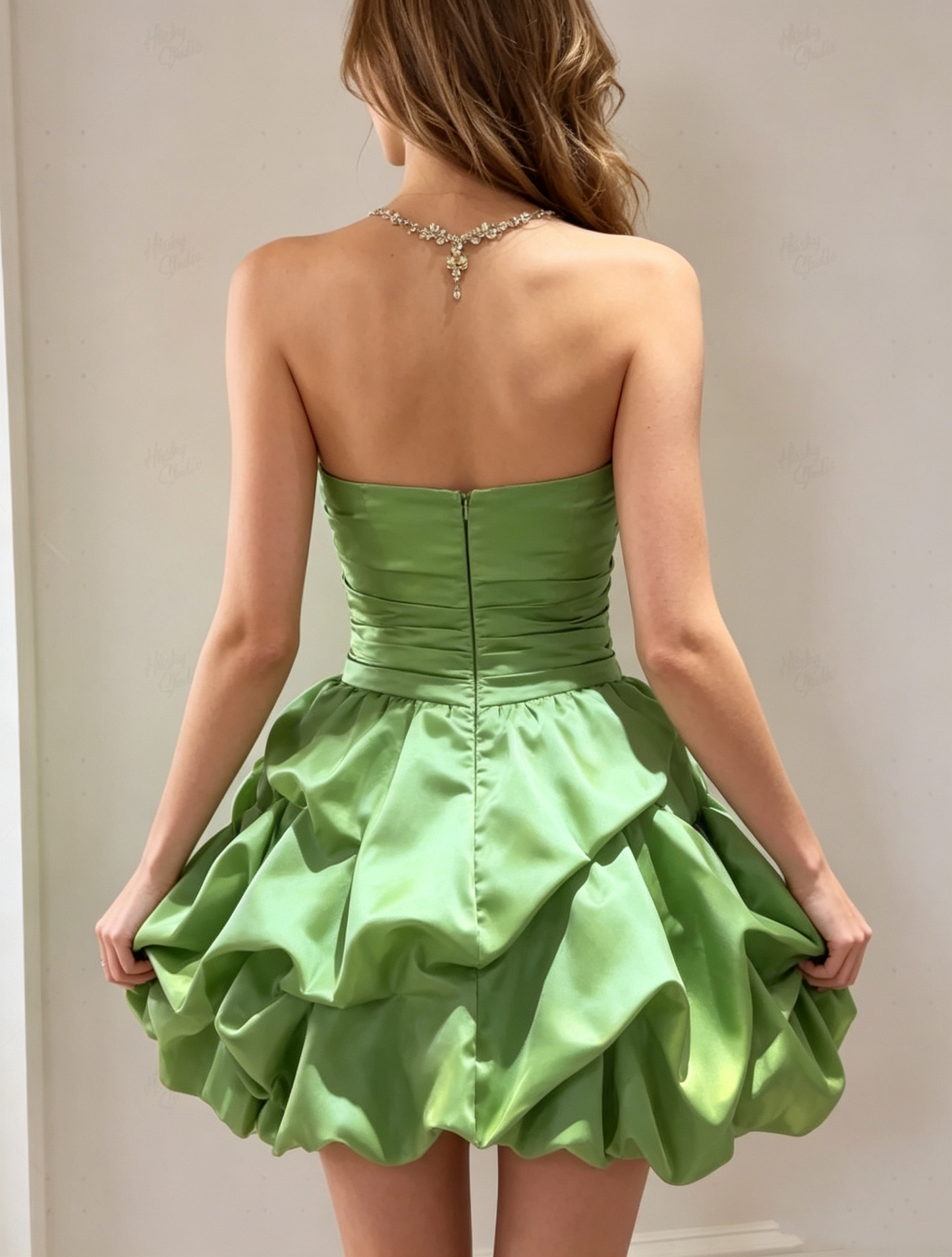 Elegant Green Strapless Sweetheart Satin Ruched Bodice Bubble A-Line Homecoming Dress DP8690