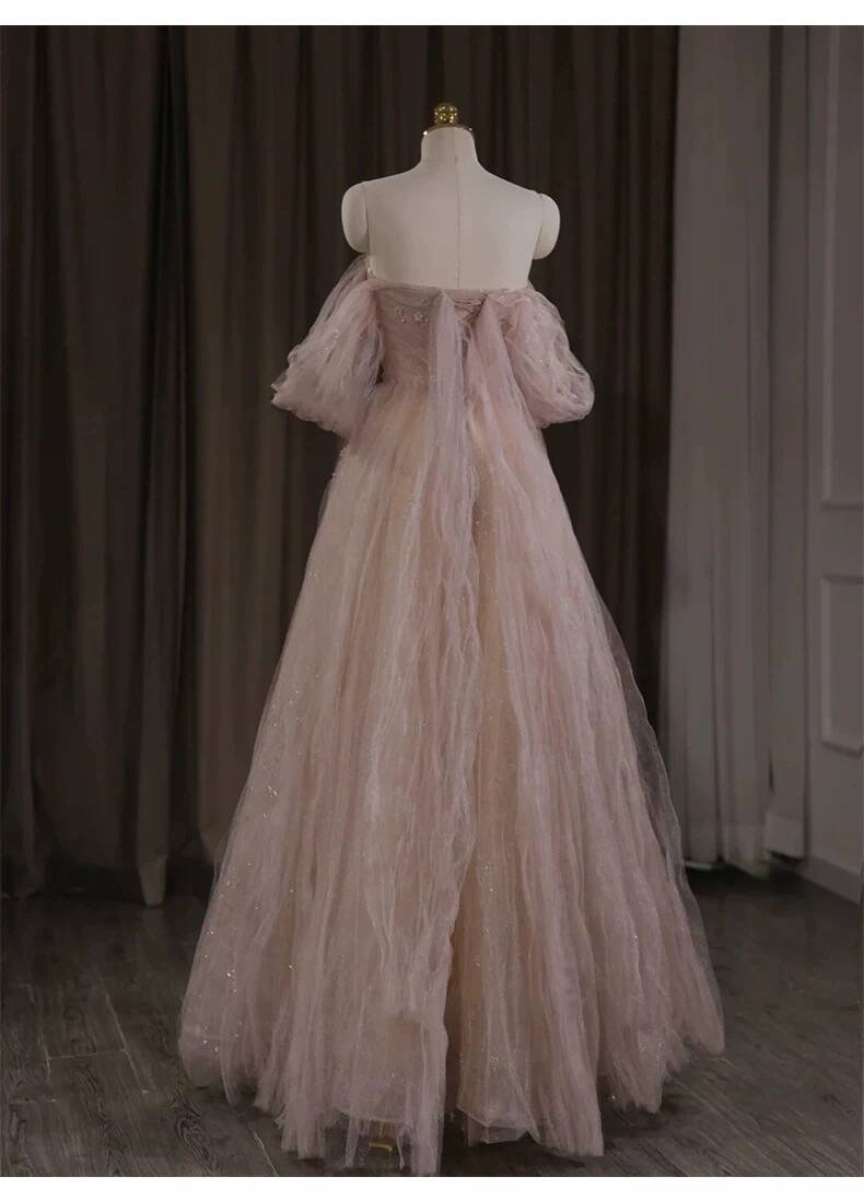 Rosa schulterfreies A-Linien-Tüll-Ballkleid, langes Abendkleid, DP3965