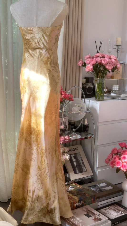 Retro Golden Strapless Floral Elegant Design A-line Beaded Romantic Chiffon Evening Dress Prom Dress , DP5981