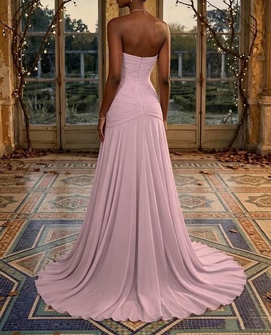 Elegant Pink Strapless Sweetheart Ruched Bodice Chiffon Long Prom Dress DP8464