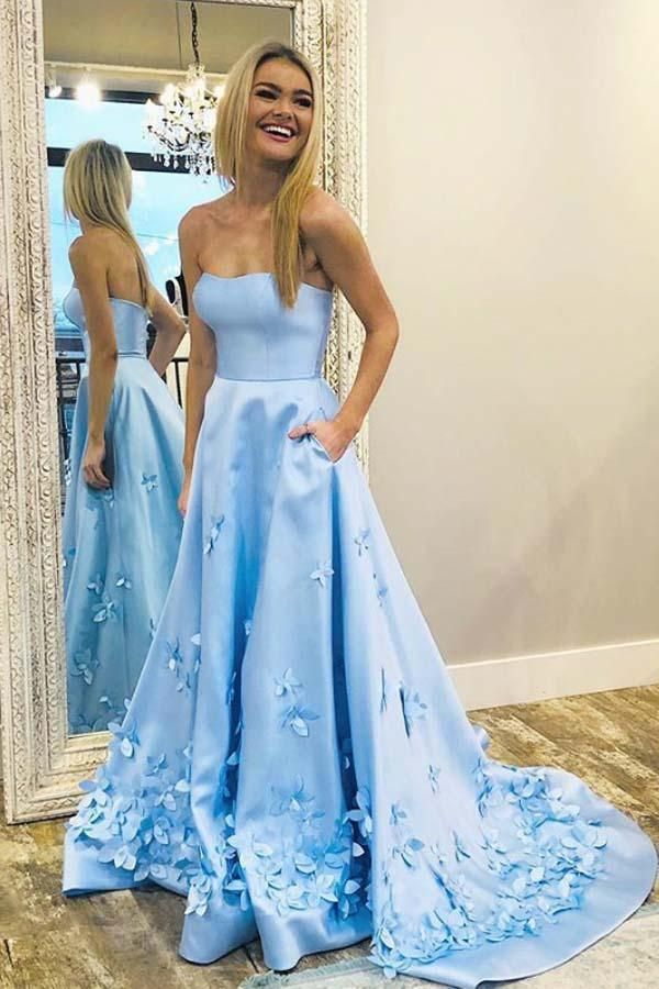 Blue A-Line Sweetheart Floral Applique Long Prom Formal Dresses With Pocket,DP0234