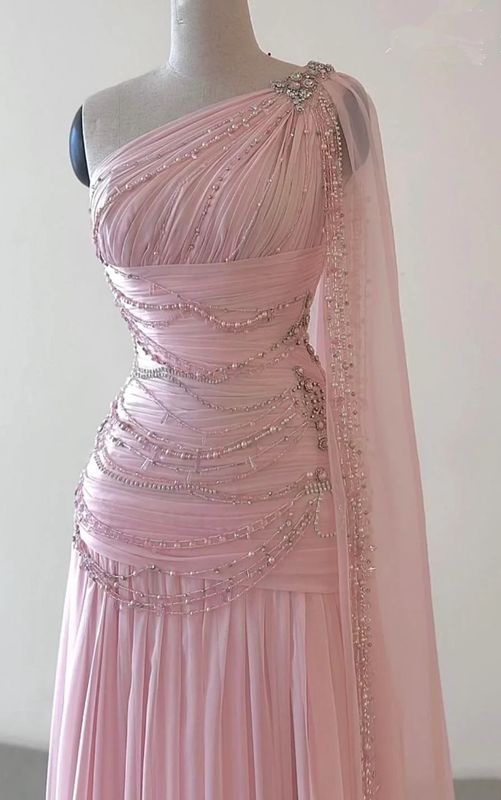 Unique Pink Tulle Beaded Prom Dress Sheath Pleated Evening Gown One-shoulder Party Dress Long Formal Dress DP6882