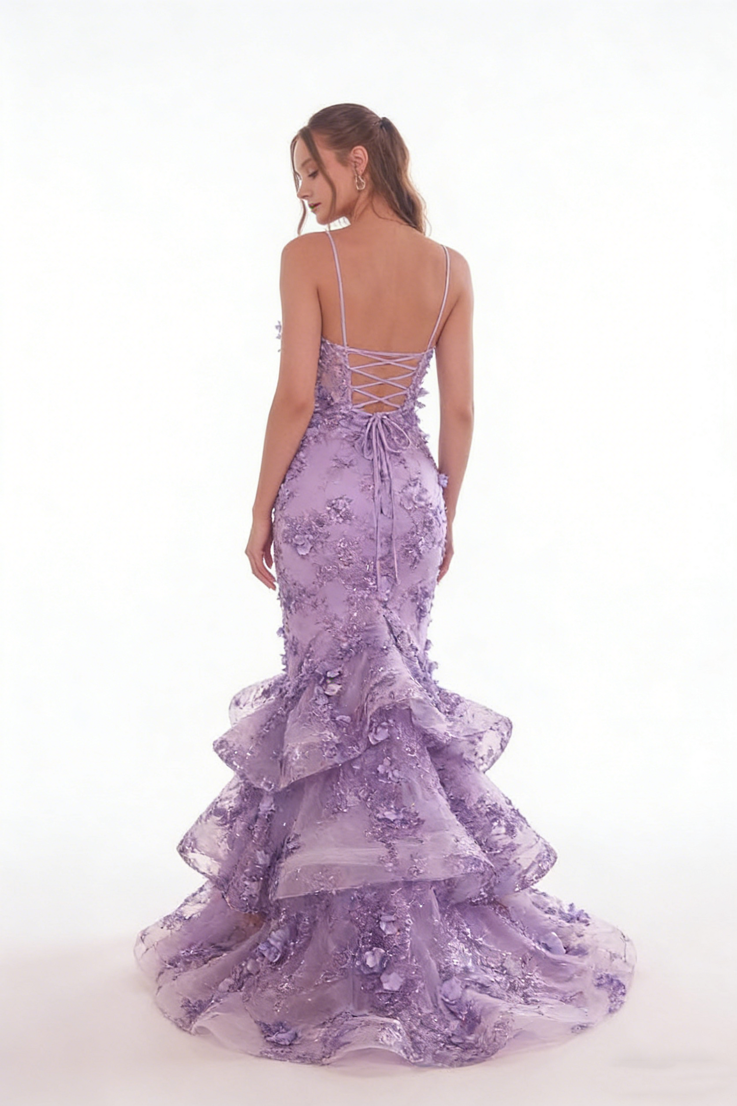 Vintage Lavender Spaghetti Strap 3D Floral Mermaid Ruffled Evening Dress DP8087