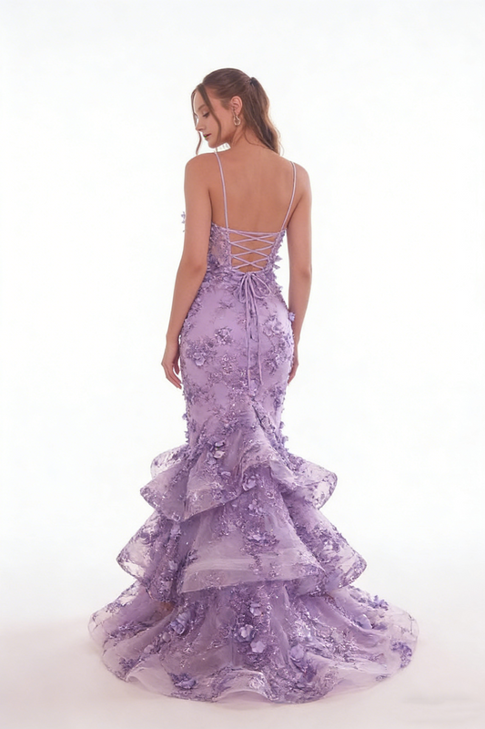 Vintage Lavender Spaghetti Strap 3D Floral Mermaid Ruffled Evening Dress DP8087