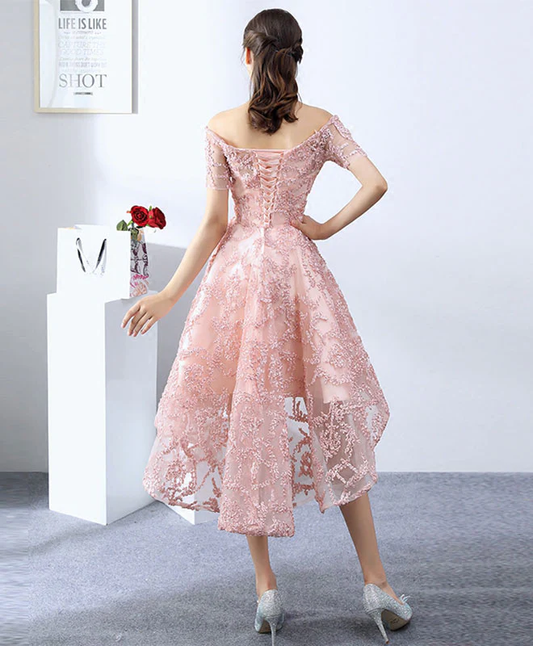 Robe de soirée trapèze en tulle rose vintage avec appliques et épaules dénudées DP6071
