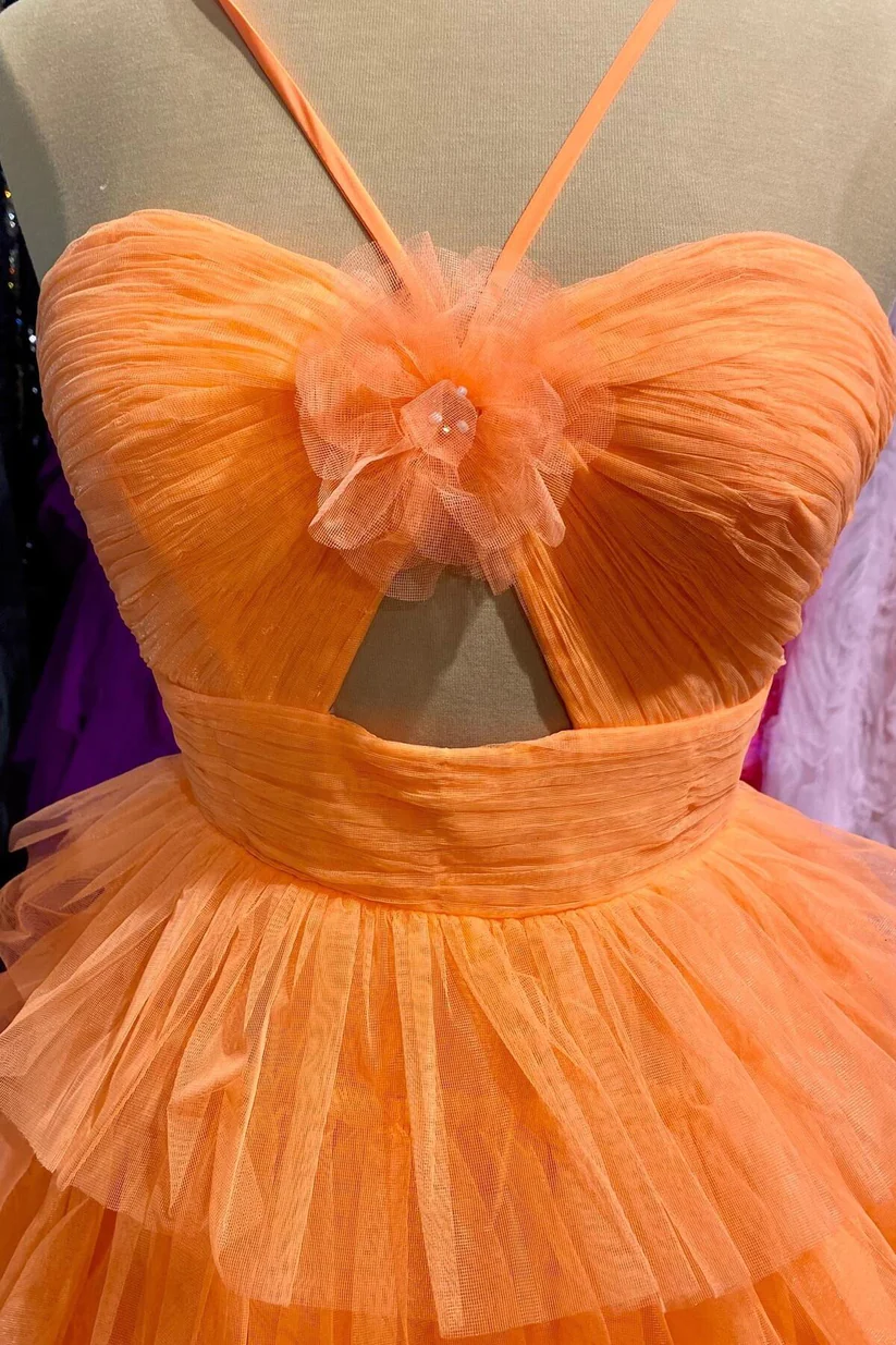 Orange Halter Tulle Tiered Short Party Dress A-Line Homecoming Dress, DP2326