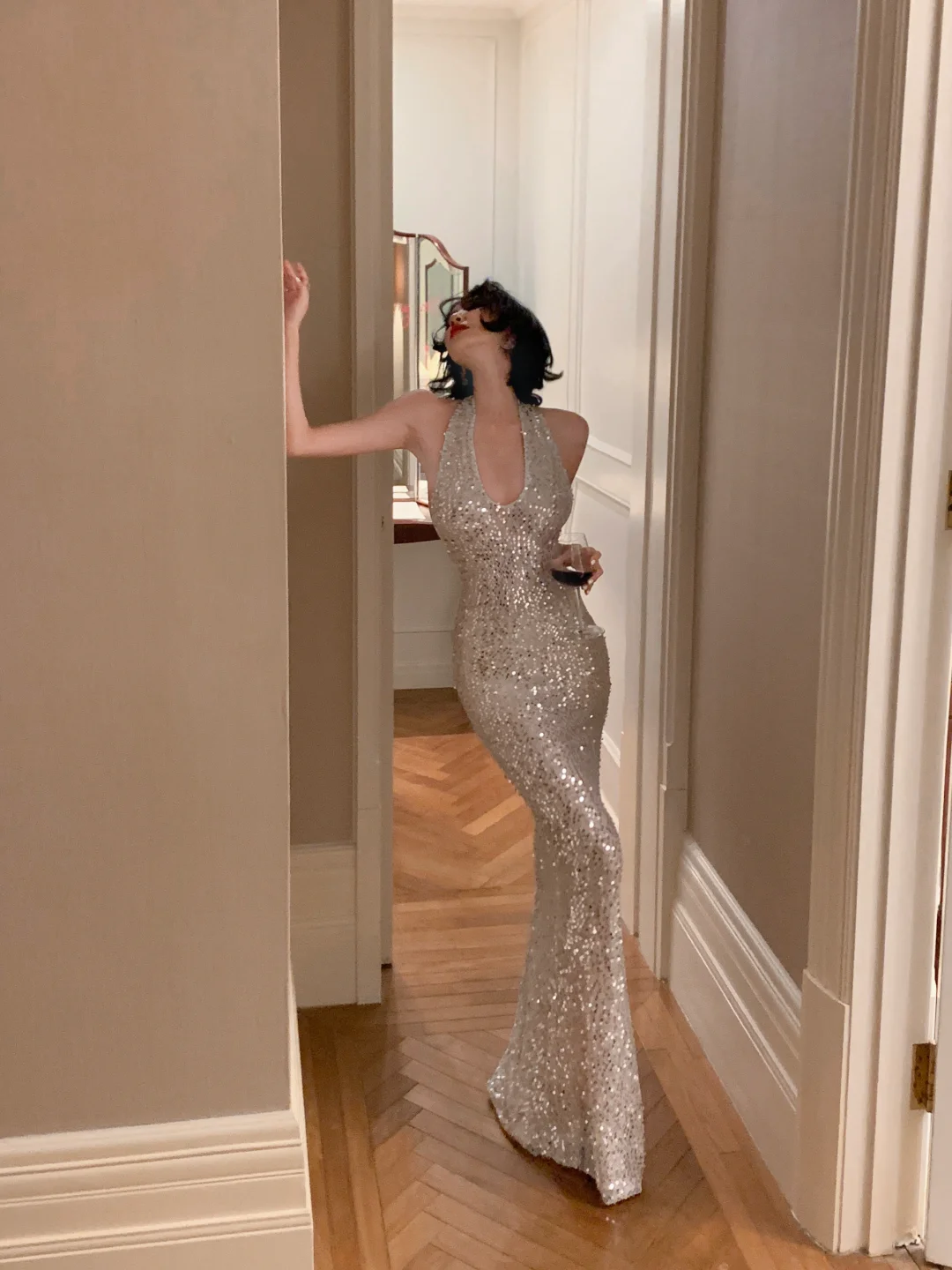 Sexy Silver Halter Neck Backless Mermaid Sequins Long Evening Party Dress, DP5413