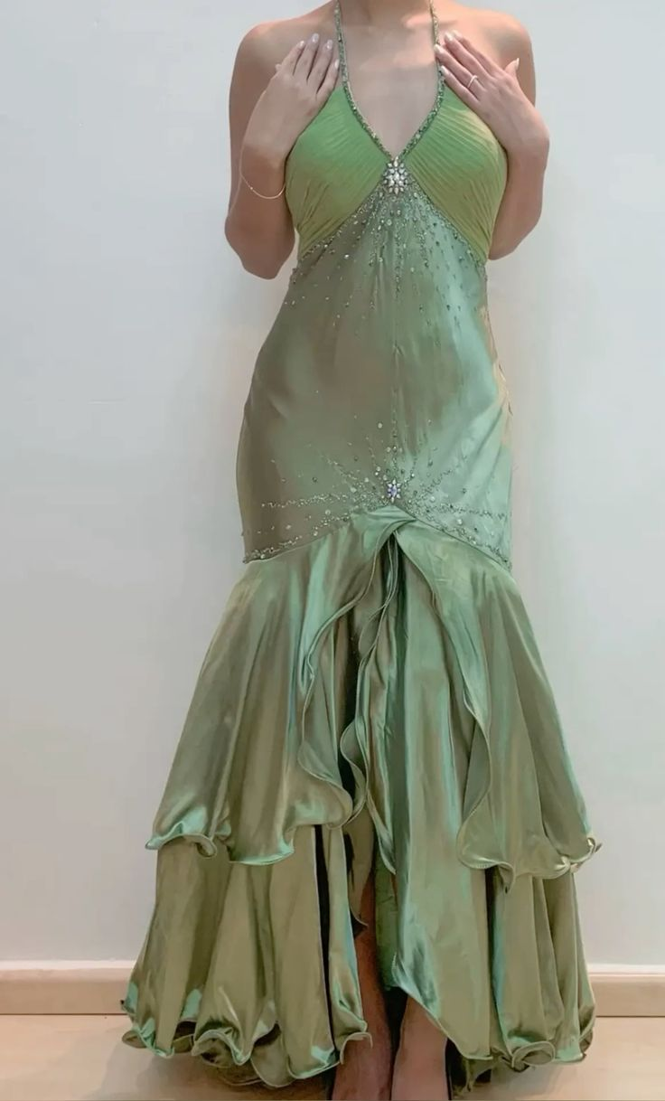 Vintage Light Green Halter-Neck Mermaid Beaded Satin Maxi Dress with R DSProm Vintage Light Green Halter-Neck Mermaid Beaded Satin Maxi Dress with R DSProm