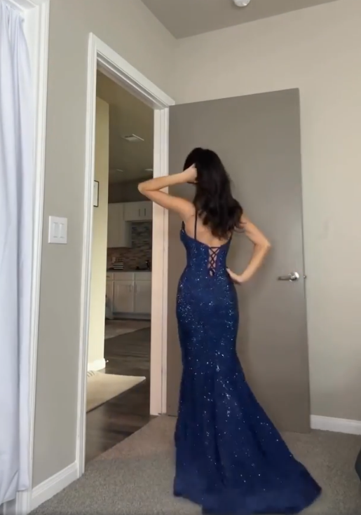 Glänzend blaues langes Meerjungfrauen-Partykleid mit Spaghettiträgern, DP3795
