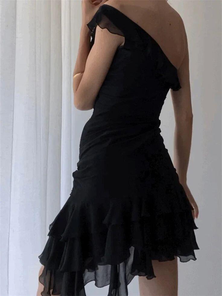 Robe de soirée courte noire asymétrique à volants, robe fourreau Hoco, DP2994