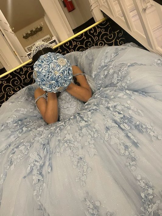 Hellblaues Quinceanera-Kleid mit Tüll-Spitze und Applikationen, DP2709
