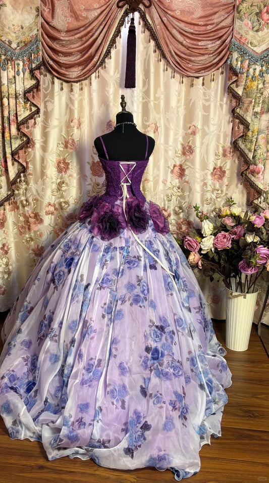 Gorgeous Lilac Floral Spaghetti Strap Chiffon Sweet 16 Quinceanera A-Line Evening Dress Ball Gown DP6285