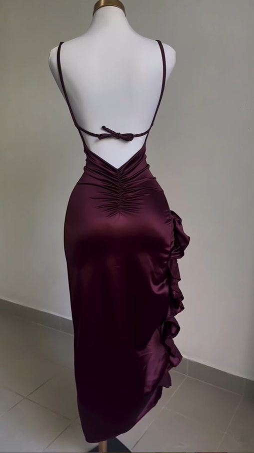 Vintage Backless Ruffle Asymmetrical Midi Length Party Dress, DP2563
