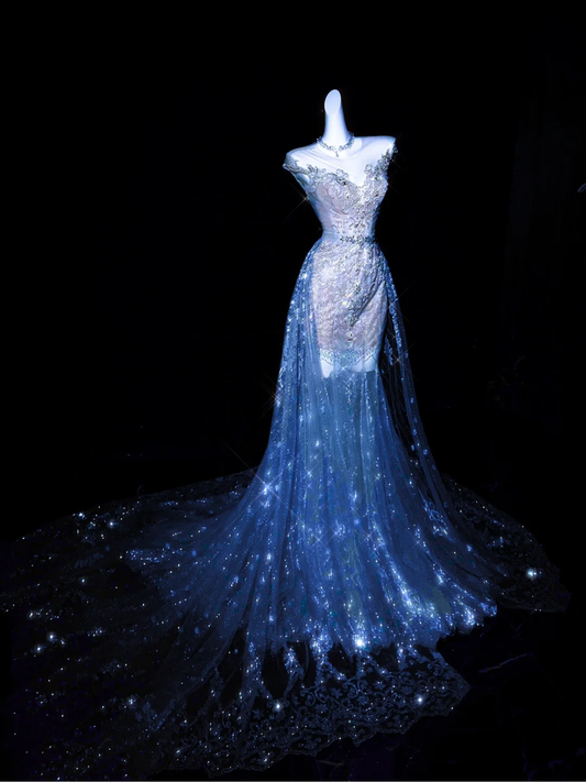 Gorgeous Blue Sleeveless Mermaid Tulle Beaded Long Prom Dress Evening Gown, DP5443