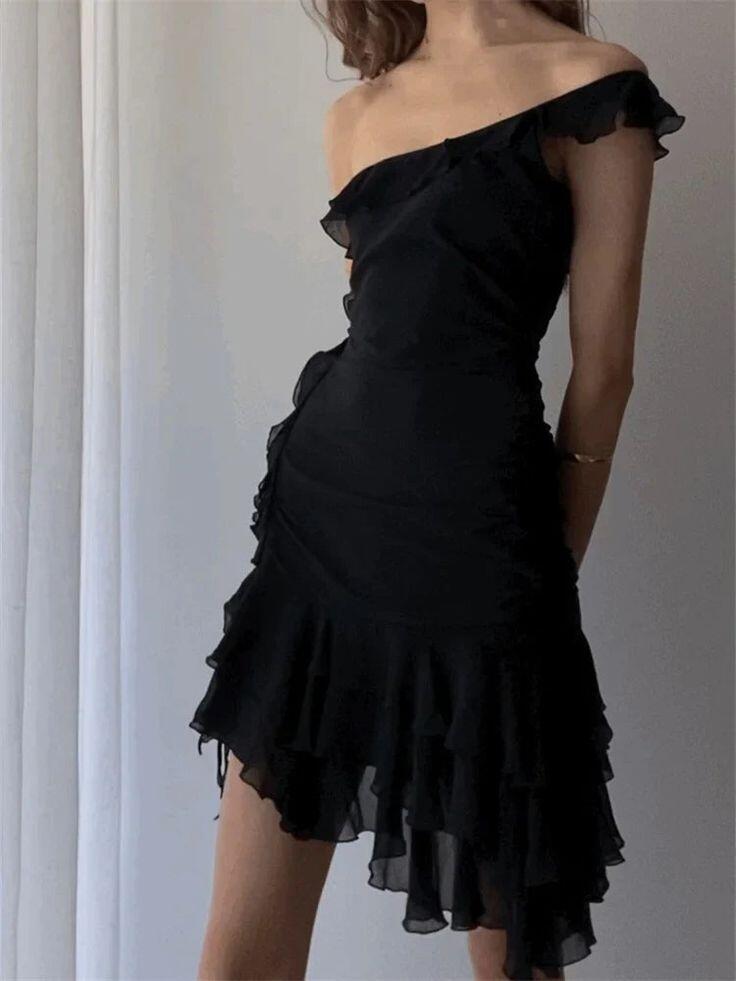 Robe de soirée courte noire asymétrique à volants, robe fourreau Hoco, DP2994