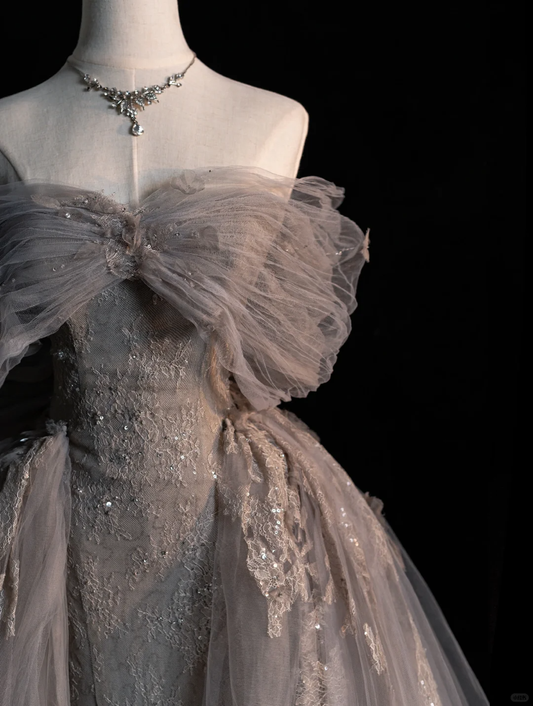 Grey Off Shoulder Mermaid Lace Tulle Long Prom Dress Birthday Party Dress, DP5228