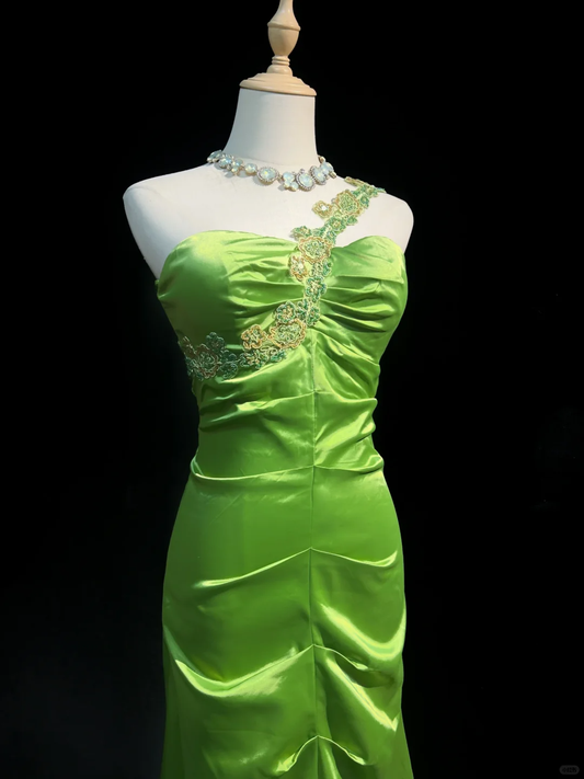 Green One Shoulder Mermaid Beading Vintage Long Evening Party Dress, DP5330