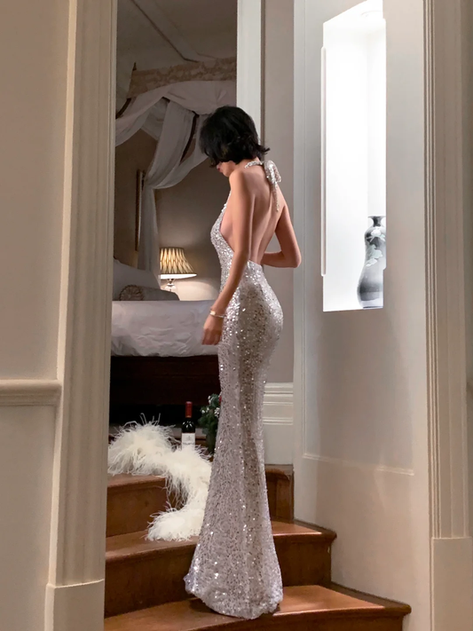 Sexy Silver Halter Neck Backless Mermaid Sequins Long Evening Party Dress, DP5413