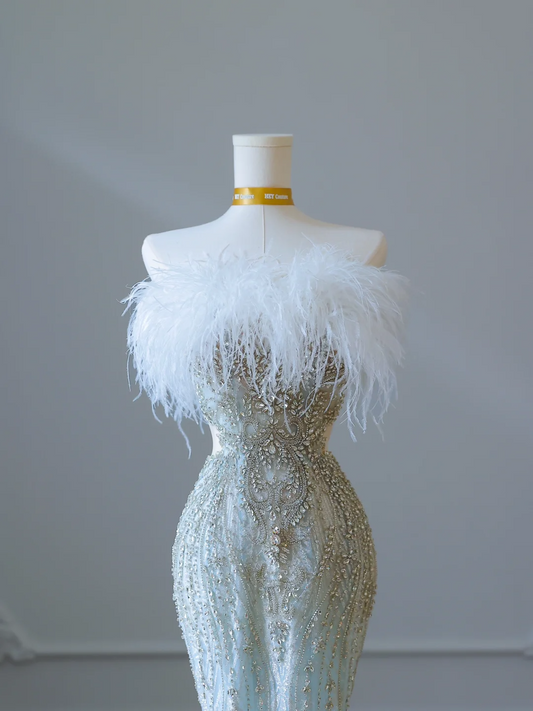 Hellblaues trägerloses Meerjungfrau-Kleid mit Perlenbesatz, Geburtstagsoutfit, Hochzeitskleid, Abendkleid, DP5143