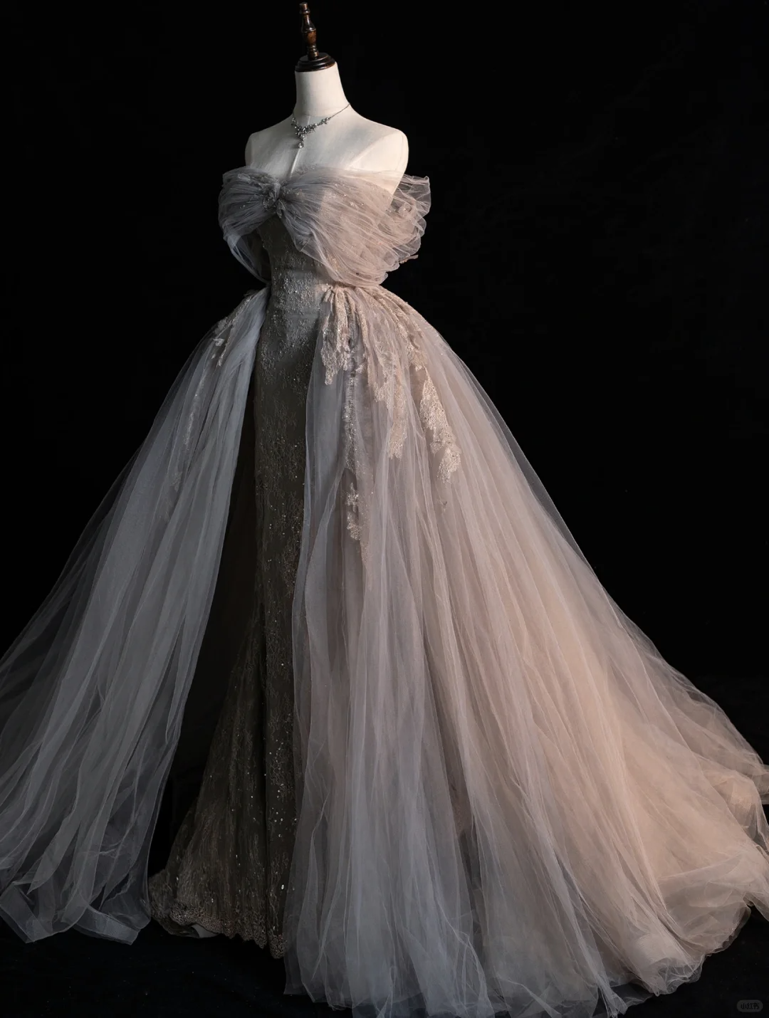 Grey Off Shoulder Mermaid Lace Tulle Long Prom Dress Birthday Party Dress, DP5228