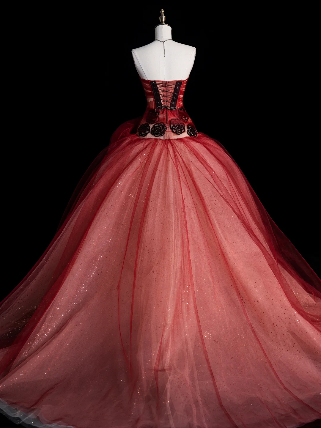 Stunning Burgundy Strapless A-Line Tulle Long Prom Dresses Evening Ball Gowns, DP5120