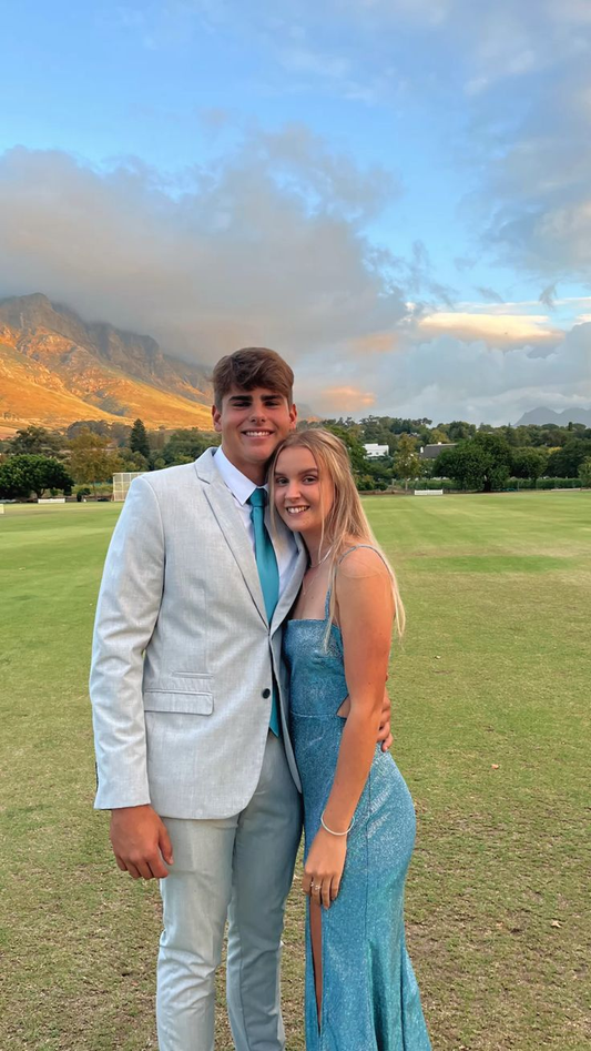 Robe de bal longue bleu brillant à bretelles et dos nu avec fente, DP2531