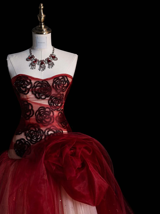 Stunning Burgundy Strapless A-Line Tulle Long Prom Dresses Evening Ball Gowns, DP5120