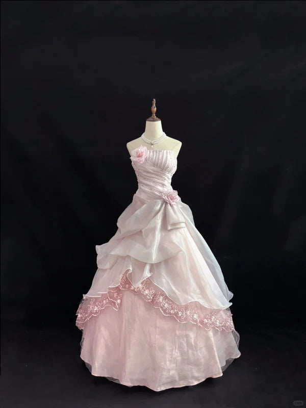 Elegant Light Pink Strapless Chiffon Sweet 16 Quinceanera A-Line Ruffles Evening Dress Ball Gown DP6296