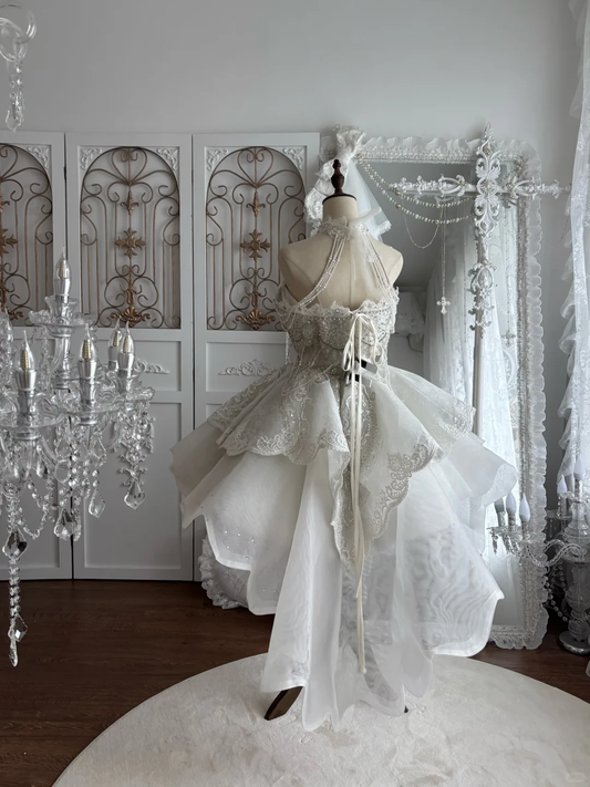 Fairycore White Halter Neck Corset Homecoming Dress Beaded Lace Short Tulle MIni Party Gown DP8300