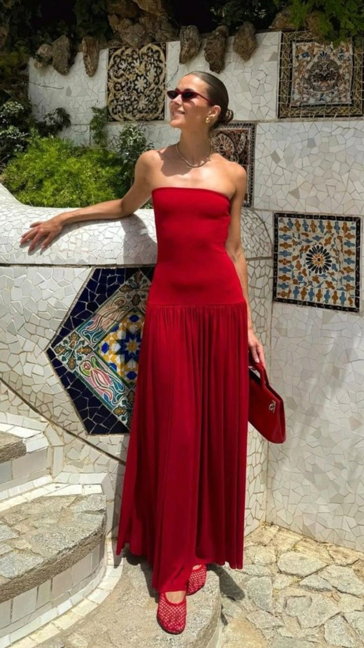 Charming Red Strapless A-Line Long Party Dress Wedding Guest Dress, DP3787