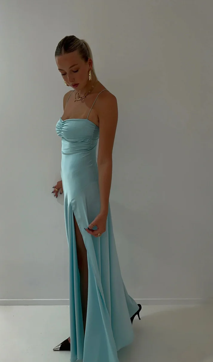 Red Spaghetti Straps Satin Simple Party Dress with Slit, DP2188