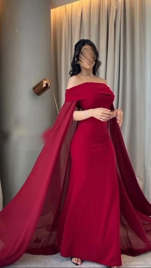Charming Red Off Shoulder Mermaid Long Evening Dress with Cape, DP3233